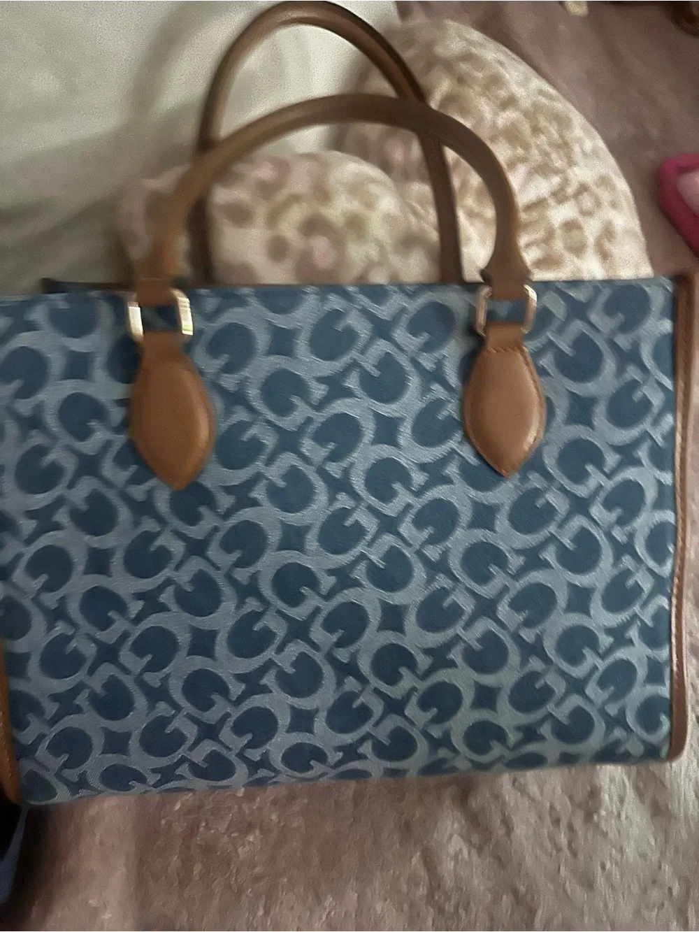 GUESS Blue Monogram Tote with Brown Trim and Gold Logo